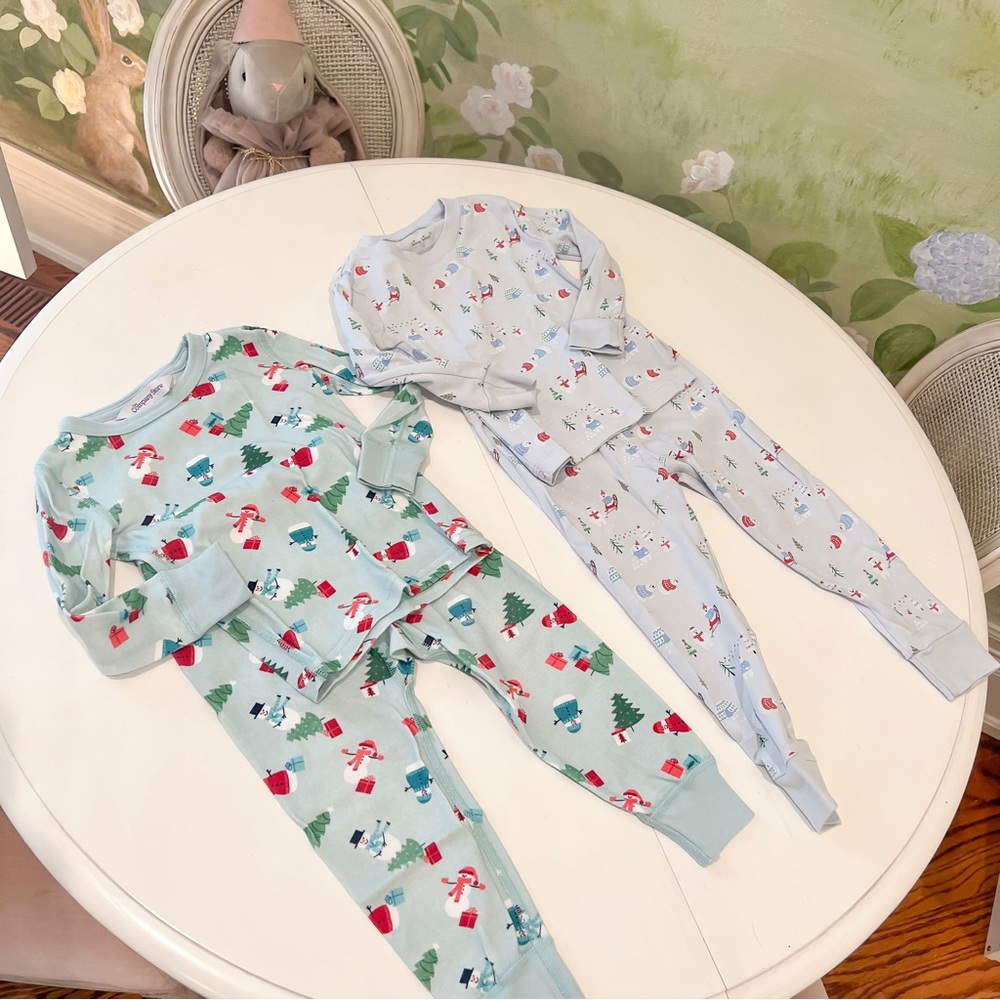 Kissy Kissy Holiday Snowman & Tree Pajama Sets in Light Blue and Mint